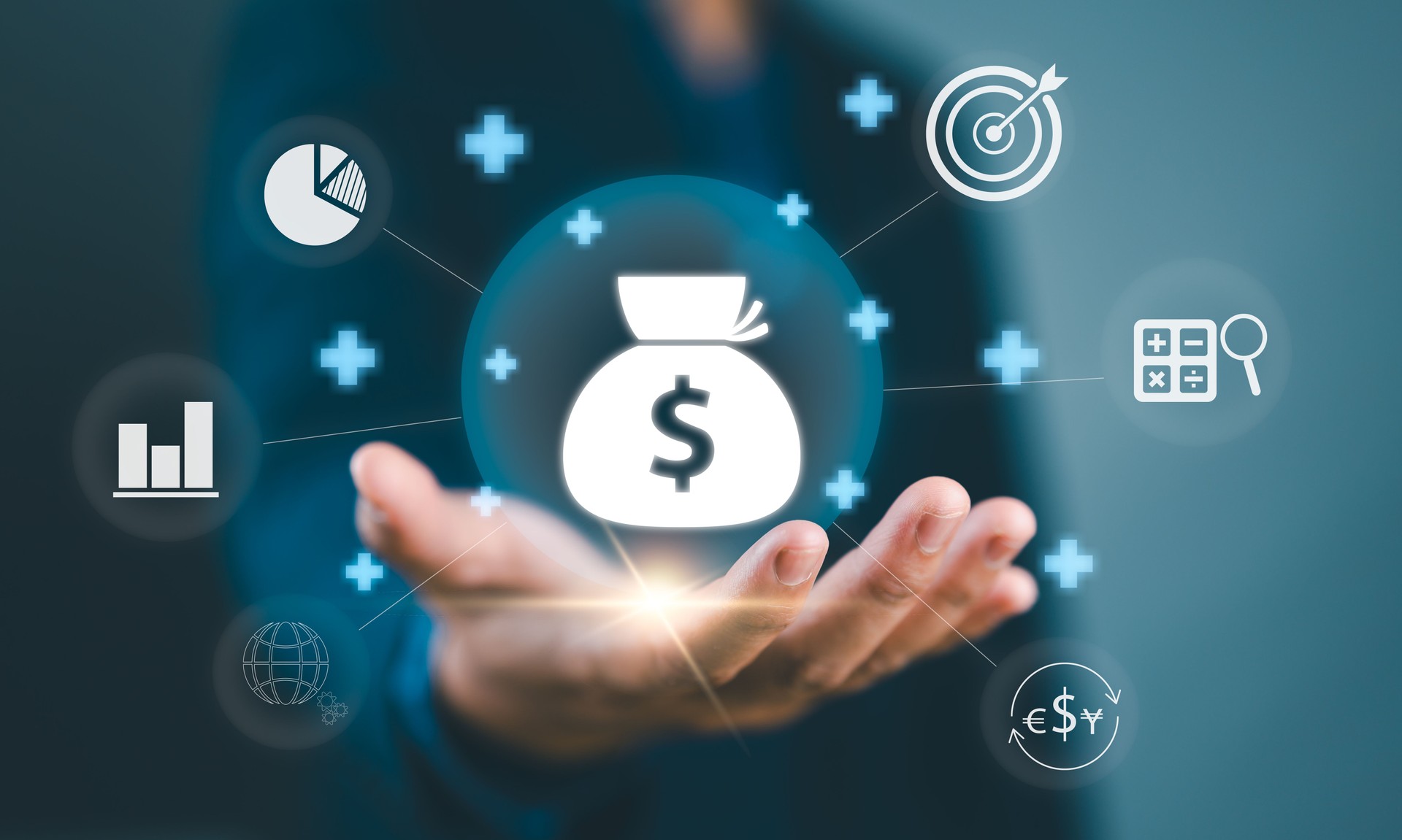 Businessman or trader showing icon of business and finance, Investment concept, invest money, business and finance, capital fundraising, dollar loan credit, trade, trader, invest in trading.